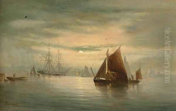 Shipping At Sunset Oil Painting by William A. Thornley or Thornbery