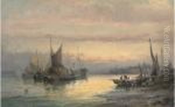 Unloading The Day's Catch At Dusk Oil Painting by William A. Thornley or Thornbery