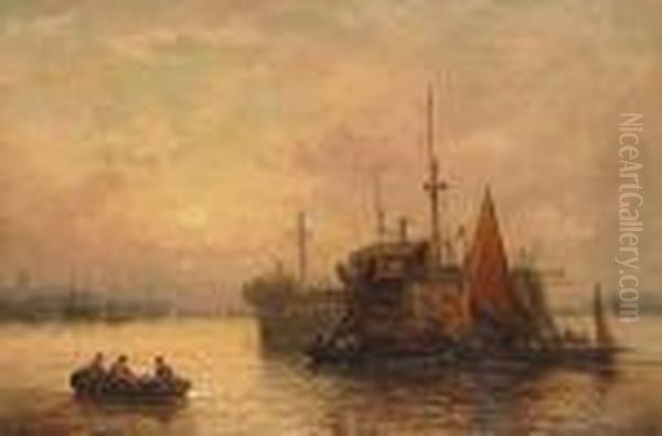 Tending The Hulk; And Figures On A Jetty Oil Painting by William A. Thornley or Thornbery