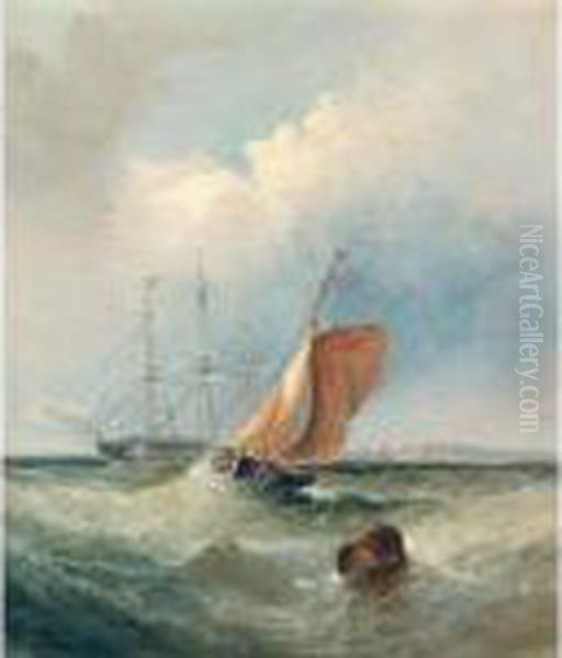 Shipping Rounding The Buoy Off The Coast; And A Pilot Boat Approaching A Vessel Oil Painting by William A. Thornley or Thornbery