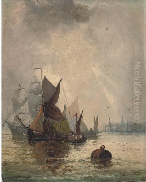 Hay Barges On The Medway (illustrated); And Figures Before Abeached Brig At Dusk Oil Painting by William A. Thornley or Thornbery