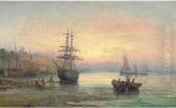 A Beached Brig At Rochester, Dusk Oil Painting by William A. Thornley or Thornbery