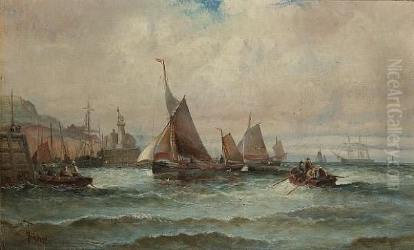 Fishing Boats Making For Harbour, Scarborough Oil Painting by William A. Thornley or Thornbery