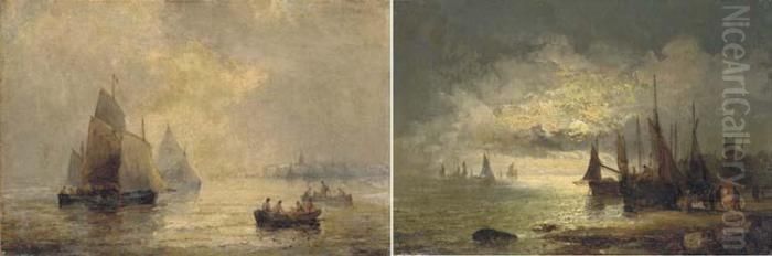 Shipping In A Calm At Dusk Oil Painting by William A. Thornley or Thornbery