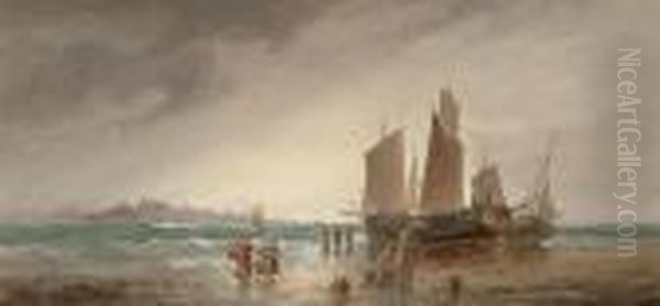 Coastal Scene With Fisherfolk Oil Painting by William A. Thornley or Thornbery