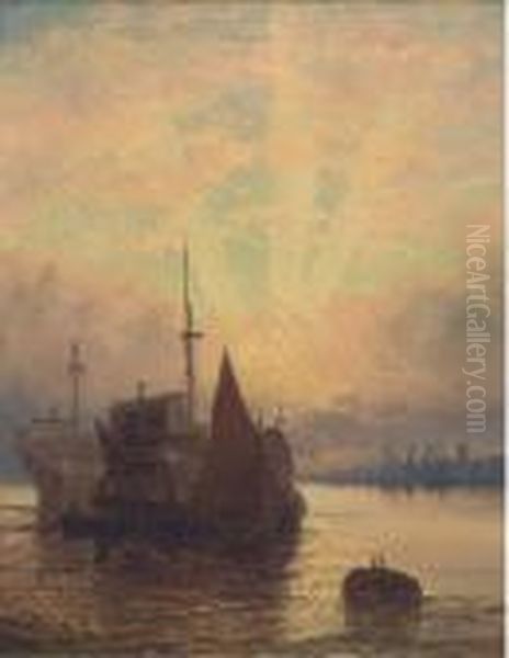 Old Hulks On The Medway At Dusk Oil Painting by William A. Thornley or Thornbery