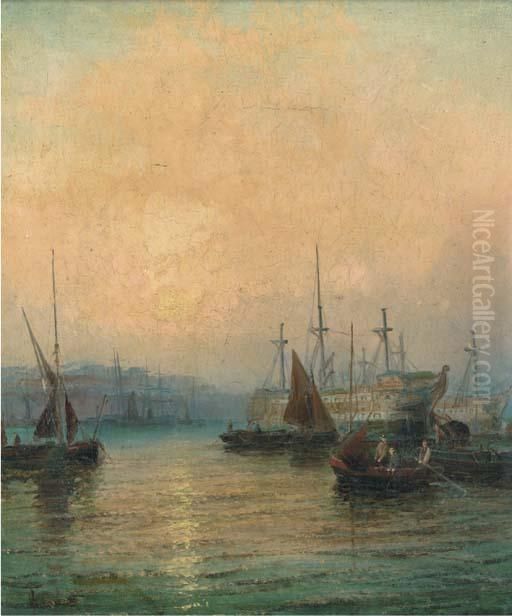 Hulks In The Medway At Dusk Oil Painting by William A. Thornley or Thornbery