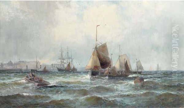 Shipping In The Channel Off The 
South Coast (illustrated); Andcrowded Waters Off The Harbour Mouth Oil Painting by William A. Thornley or Thornbery