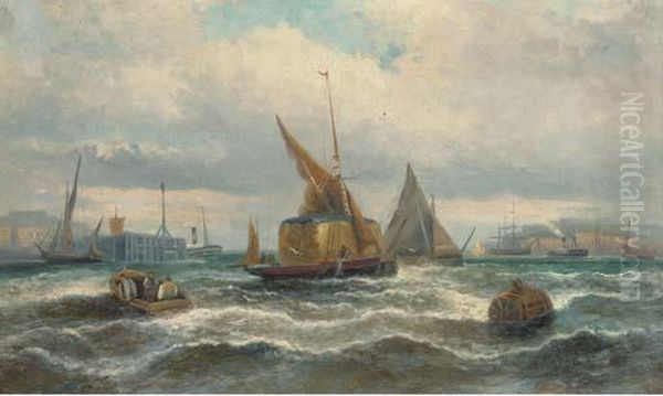 Hay Barges And Other Shipping In The Harbour Oil Painting by William A. Thornley or Thornbery