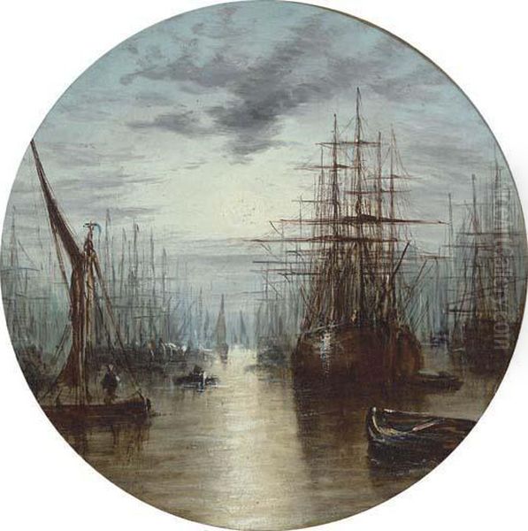 A Moonlit Harbour Oil Painting by William A. Thornley or Thornbery
