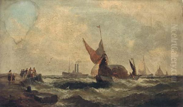 Shipping In A Swell; And Shipping Coming Into A Quay Oil Painting by William A. Thornley or Thornbery