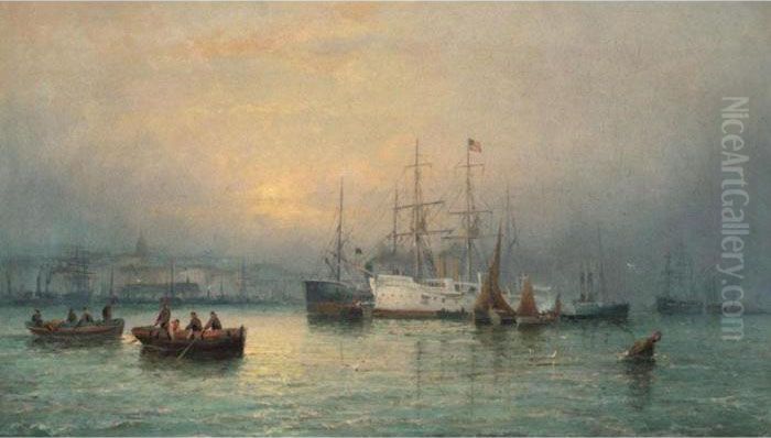 Harbour Scene With Steamboat Oil Painting by William A. Thornley or Thornbery