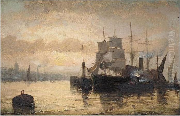 Shipping In Harbour Oil Painting by William A. Thornley or Thornbery