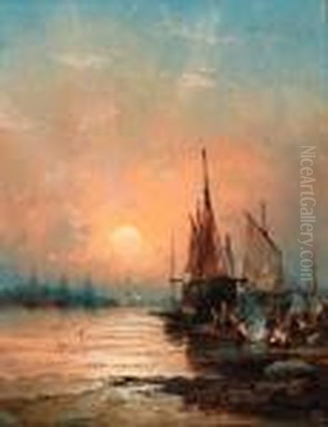 Dusk On The River; And The Port By Moonlight Oil Painting by William A. Thornley or Thornbery