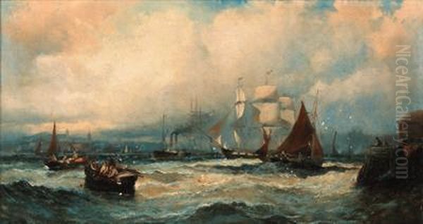 A Paddlesteamer And Three Master Running Down The Thames Atgravesend Oil Painting by William A. Thornley or Thornbery