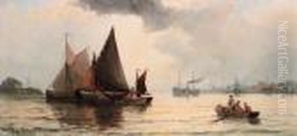Barges On A River Estuary; And Beached Fishing Boats Bymoonlight Oil Painting by William A. Thornley or Thornbery