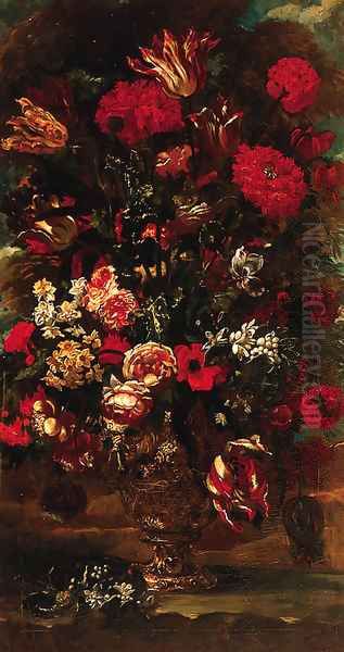 Flowers in a sculpted urn in a landscape Oil Painting by Andrea Scacciati I
