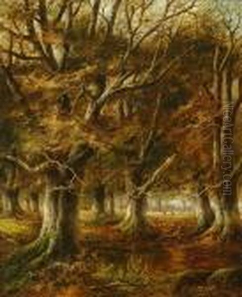 Faggot Gathers In Awooded Landscape Oil Painting by Joseph Thors