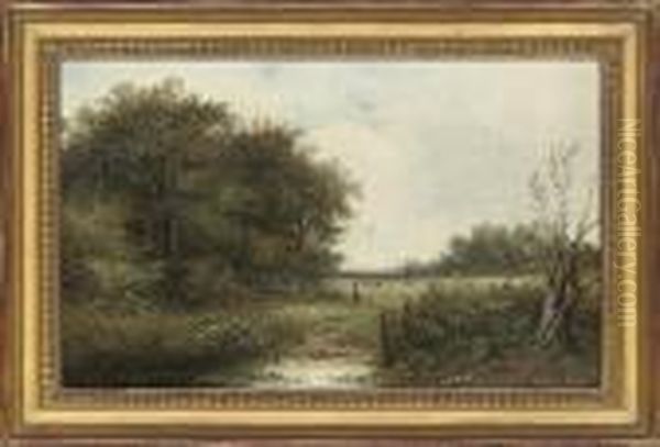A Herder Approaching A Lily Pond; And Feeding The Chickens Oil Painting by Joseph Thors