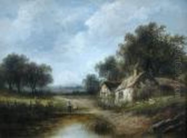 A Woman Collecting Kindling By A Duck Pond Oil Painting by Joseph Thors