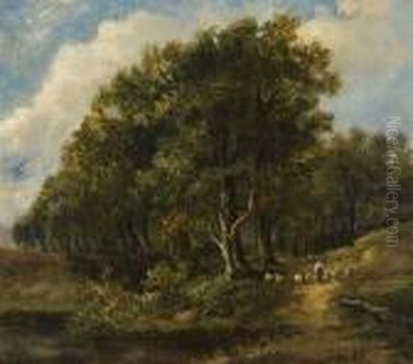 Shepherd And His Flock In A Woodland Landscape Oil Painting by Joseph Thors