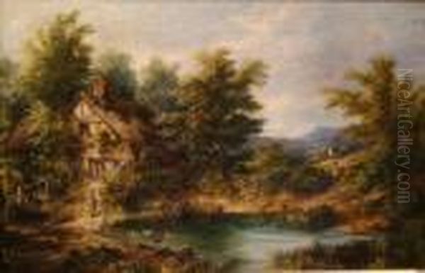 A Pastoral Landscape With A 
Woman And Children Feeding Ducks At Aduck Pond, And A Man Standing At A 
Stile Oil Painting by Joseph Thors