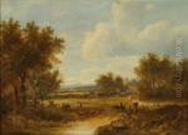 Summerlandscape With Field 
Workers And Sheep By A Meandering River, Oilon Canvas, Signed Lower 
Right, 26cms X 35.5cms. Seeillustration Oil Painting by Joseph Thors