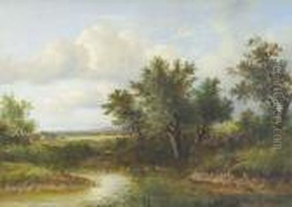 Children Fishing Beside A Pond 
With Ducks Nearby And An Extensive Landscape Beyond Signed, Also 
Inscribed With The Artist's Name On The Frame Oil Painting by Joseph Thors