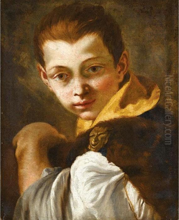A Study Of A Young Boy, Head And
 Shoulders, Wearing A Furlined Cloak, With A Satyr's Head Clasp, And 
Holding A Book Oil Painting by Giovanni Battista Tiepolo