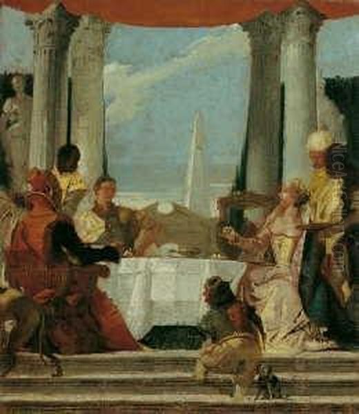 Umkreis Das Gastmahl Der 
Cleopatra. Detailkopie Nach Dem Fresko Tiepolos Im Ballsaal Des Palazzo 
Labia, Venedig . Ol Auf Leinwand . H 44,6; B 39 Cm Oil Painting by Giovanni Battista Tiepolo