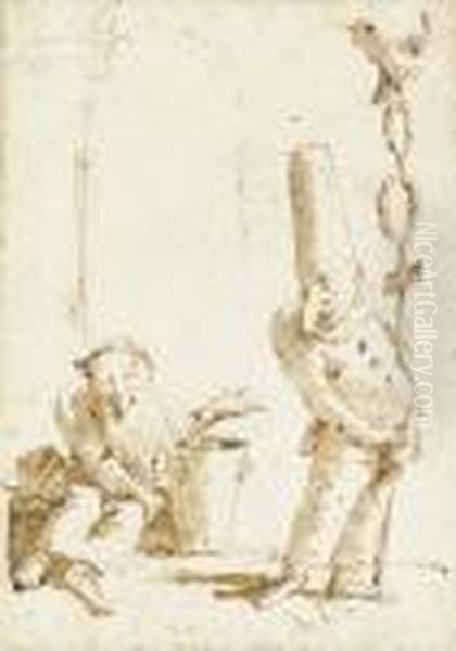 Punchinello As A Roman 
Standard-bearer Recognising The Blindbelisarius Seated By A Brazier Oil Painting by Giovanni Battista Tiepolo