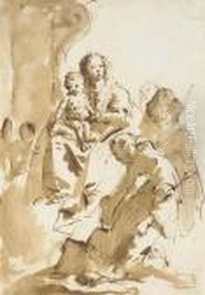 The Madonna And Child With Saint
 Anthony Of Padua Kneeling And Two Other Saints, An Angel By A Column In
 The Background Oil Painting by Giovanni Battista Tiepolo