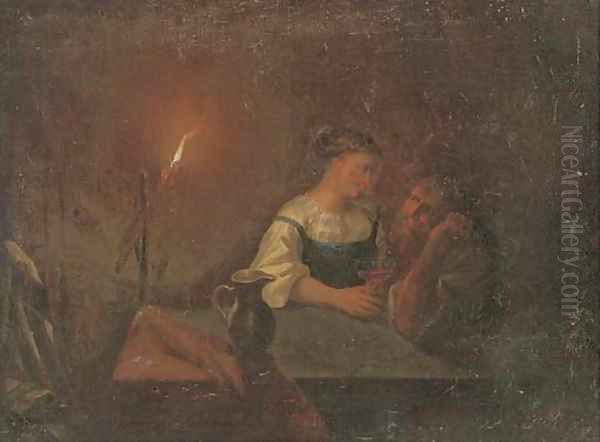 A couple drinking in an interior by candlelight Oil Painting by Godfried Schalken