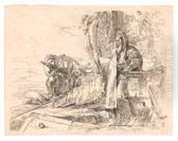 A Standing Philospher And Two Other Figures. Oil Painting by Giovanni Domenico Tiepolo