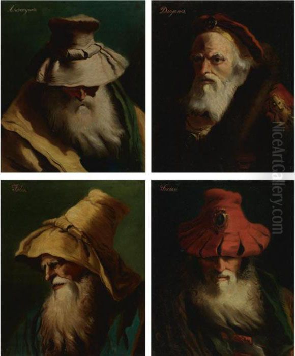 Head Studies Of Three Greek Philosophers, 
Anaxagoras, Thales, And Diogenes,
 And One Greek General, 
Phocion Oil Painting by Giovanni Domenico Tiepolo