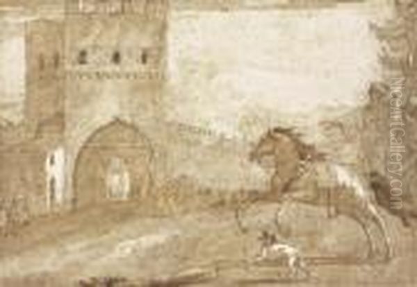 A Riderless Horse Galloping In 
Front Of A Fortified Tower, A Punchinello Lying On The Ground In The 
Distance Oil Painting by Giovanni Domenico Tiepolo