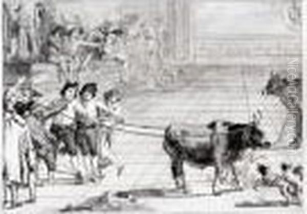 Scene In A Venetian Campo: Two 
Young Men Holding A Bull, Roped By Its Horns, With Dogs And Other 
Figures Around Them Oil Painting by Giovanni Domenico Tiepolo