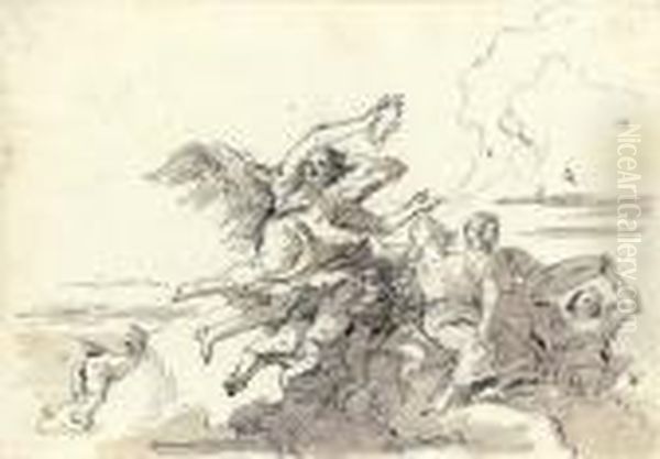 An Angel With A Victor's Crown 
In The Clouds, Putti, A Young Coupleand Another Figure Offering A Dish Oil Painting by Giovanni Domenico Tiepolo