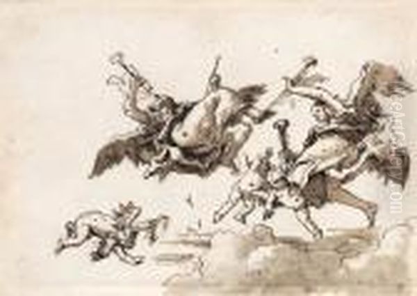 Angels In Flight Blowing Trumpets
Signed 'dom. Tiepolo' Oil Painting by Giovanni Domenico Tiepolo