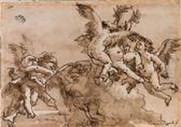 Blindfolded Cupid And Flying Putti Playing With A Laurelcrown
Signed 'domo. Tiepolo F' And Numbered '110' Oil Painting by Giovanni Domenico Tiepolo