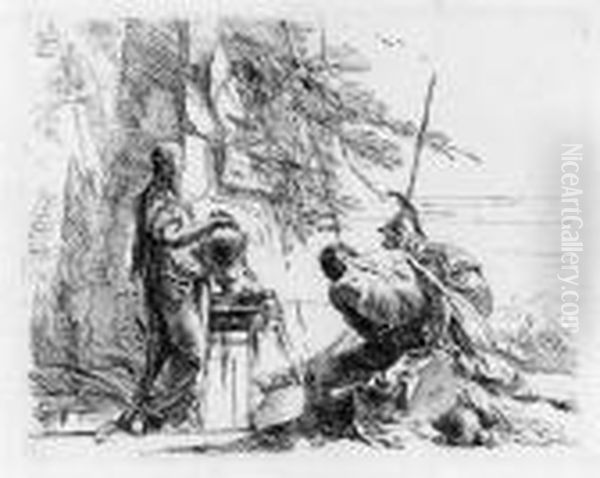 A Woman With Her Hands On A 
Vase, A Soldier And A Slave, Fromcapricci (de Vesme 6; Rizzi 32) Oil Painting by Giovanni Domenico Tiepolo