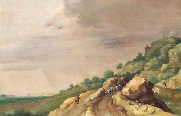 An extensive landscape with drovers on a rocky path by a river Oil Painting by Adriaan van Stalbemt