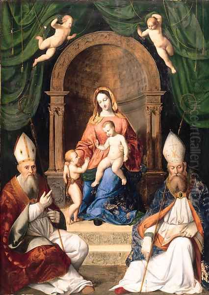 The Madonna and Child enthroned with the Infant Saint John the Baptist, and two Bishop Saints Oil Painting by Francesco de' Rossi (see Sassoferrato)