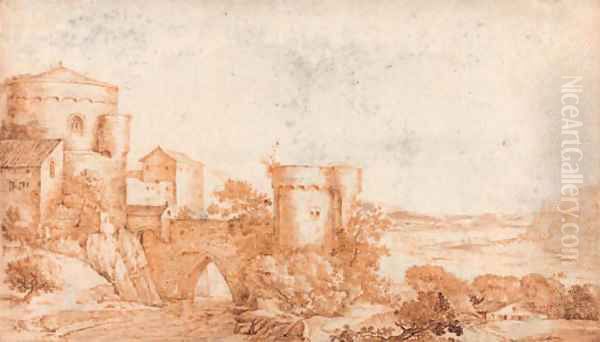 A fortified bridge by a tower, an extensive river landscape beyond Oil Painting by Jacob I Savery