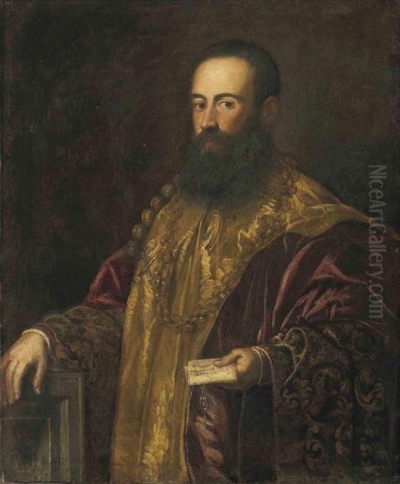 Portrait Of A Venetian General, 
Possibly Jacopo Soranzo The Younger, Three-quarter-length, Holding A 
Letter In His Lefthand Oil Painting by Jacopo Tintoretto (Robusti)