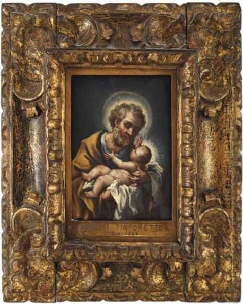 L'enfant Jesus Dans Les Bras De Saint Joseph Oil Painting by Jacopo Tintoretto (Robusti)