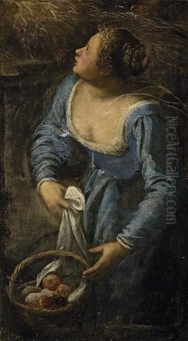 A Woman With A Basket Of Fruit, A Fragment Oil Painting by Jacopo Tintoretto (Robusti)
