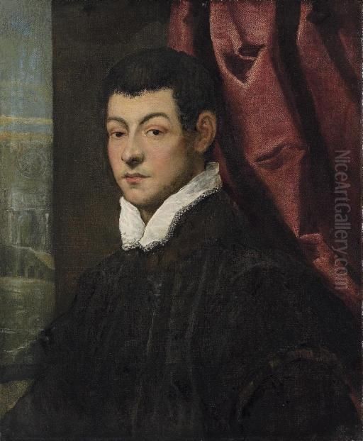 Portrait Of A Gentleman, 
Bust-length, In A Black Coat With A White Collar, By A Red Curtain Oil Painting by Jacopo Tintoretto (Robusti)