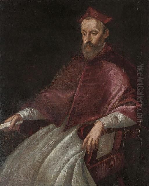 Portrait Of A Cardinal, Three-quarter-length, Seated, A Scroll In His Right Hand Oil Painting by Jacopo Tintoretto (Robusti)