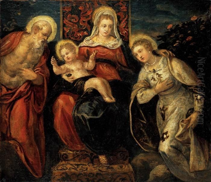 Madonna, Bimbo, San Girolamo E Santa Caterina Oil Painting by Jacopo Tintoretto (Robusti)
